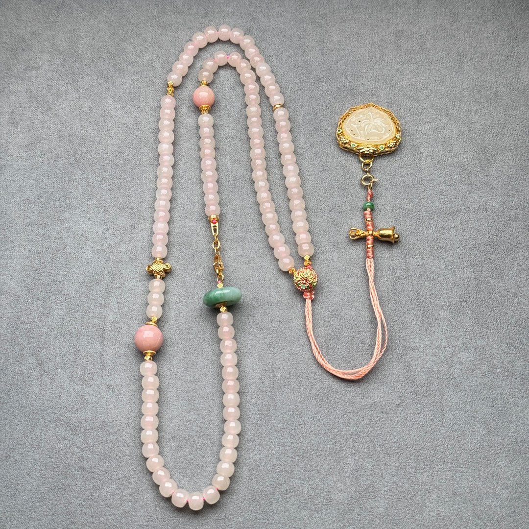 天然藕粉和田玉项链女莲花平安锁