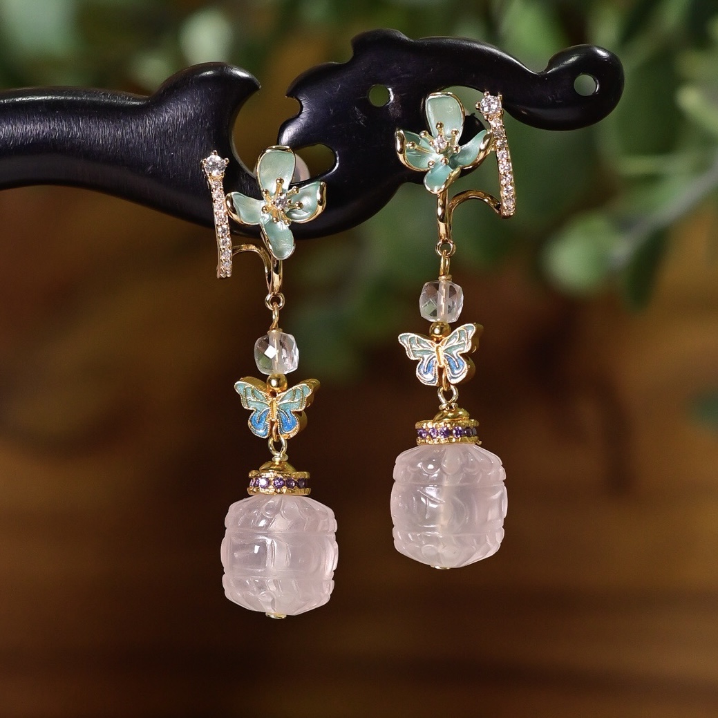 天然粉水晶六字真言耳环耳饰女