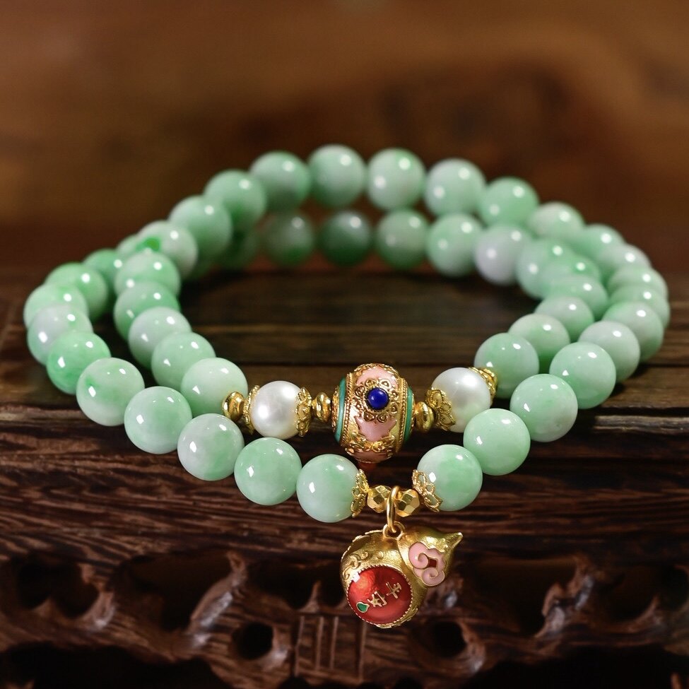 天然A货飘花翡翠双圈手链女925纯银滴釉葫芦吊坠转运珠镶嵌绿松石