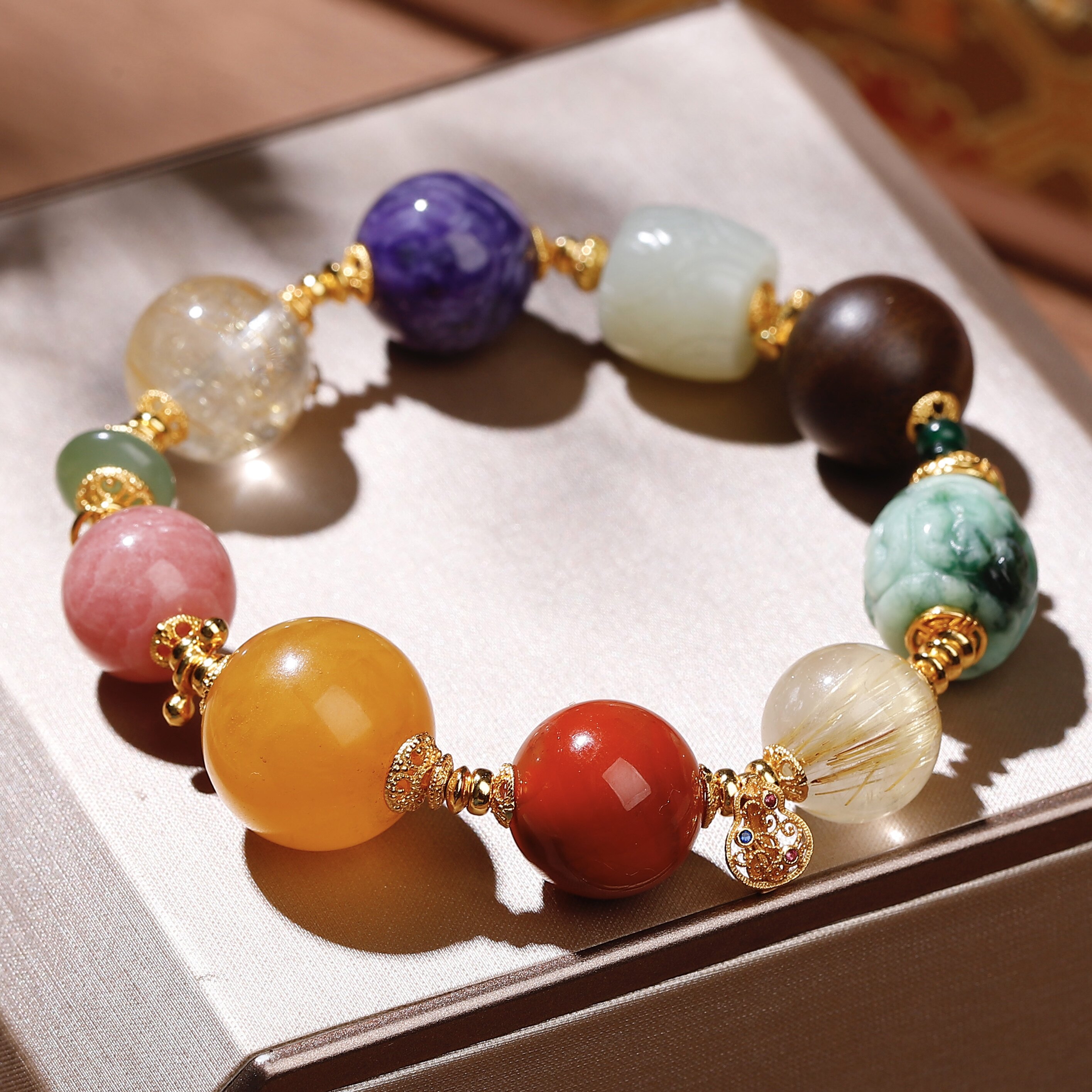 天然彩宝多宝手链手串女俄料蜜蜡红纹石碧玉金发晶和田玉沉香翡翠