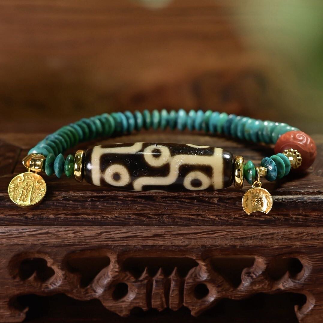 天然绿松石飞碟珠手链南红天珠玛瑙路路通S925银镀金圆牌吊坠手串