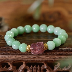 中国风天然A货豆绿翡翠手链手串粉碧玺貔貅通体18K金首饰新年礼物