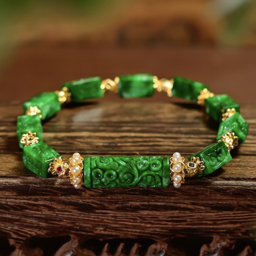 天然雕花圆柱路路通干青翡翠手链