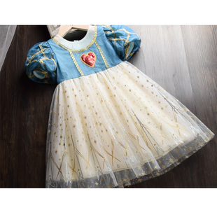 泡泡袖亮片爱心儿童白雪公主裙夏季女童蓬蓬纱连衣裙 生日礼服裙