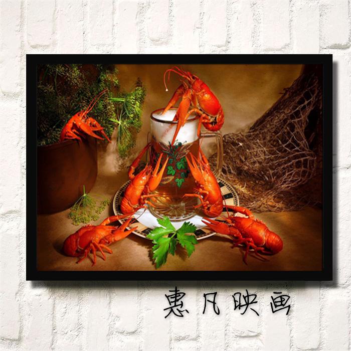 小龙虾餐厅油画装饰画饭店海报餐厅怀旧有框画火锅烧烤店壁画挂画图片