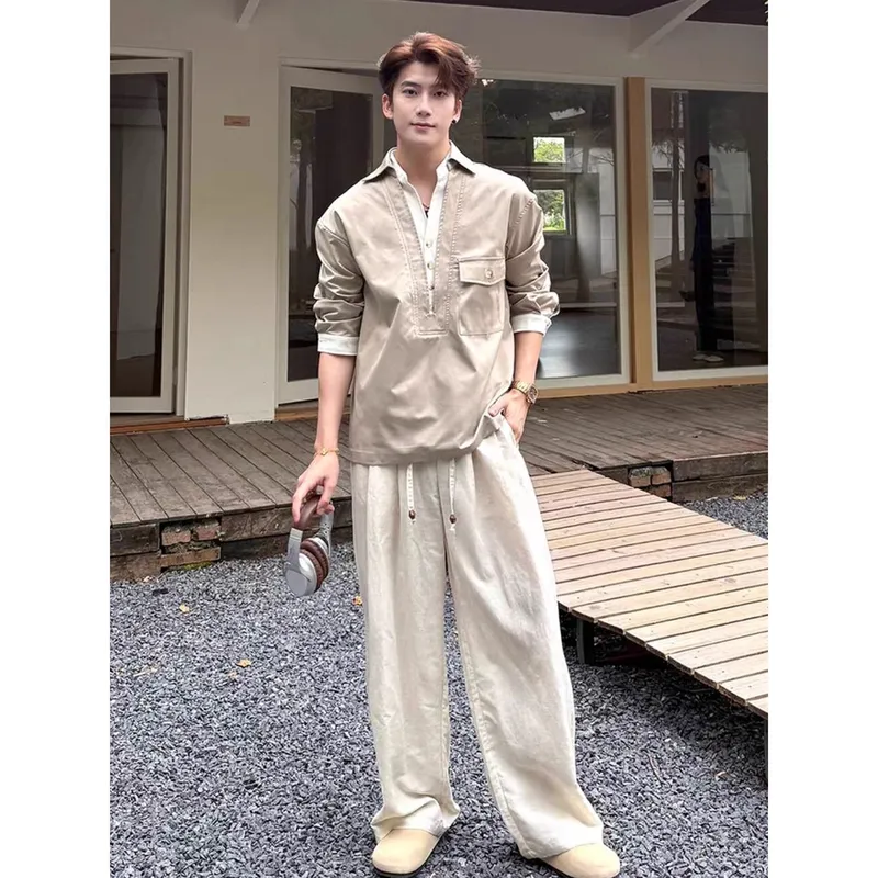 假两件老钱风v领衬衫男款秋季卡其色长袖衬衣高级感痞帅工装外套