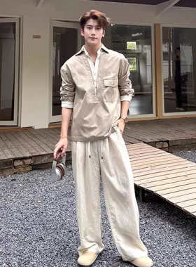 假两件老钱风v领衬衫男款秋季卡其色长袖衬衣高级感痞帅工装外套
