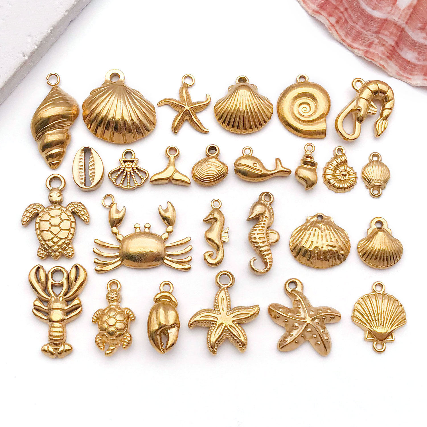 diy不锈钢饰品配件金色海洋生物挂件海马贝壳海星手链项链小吊坠