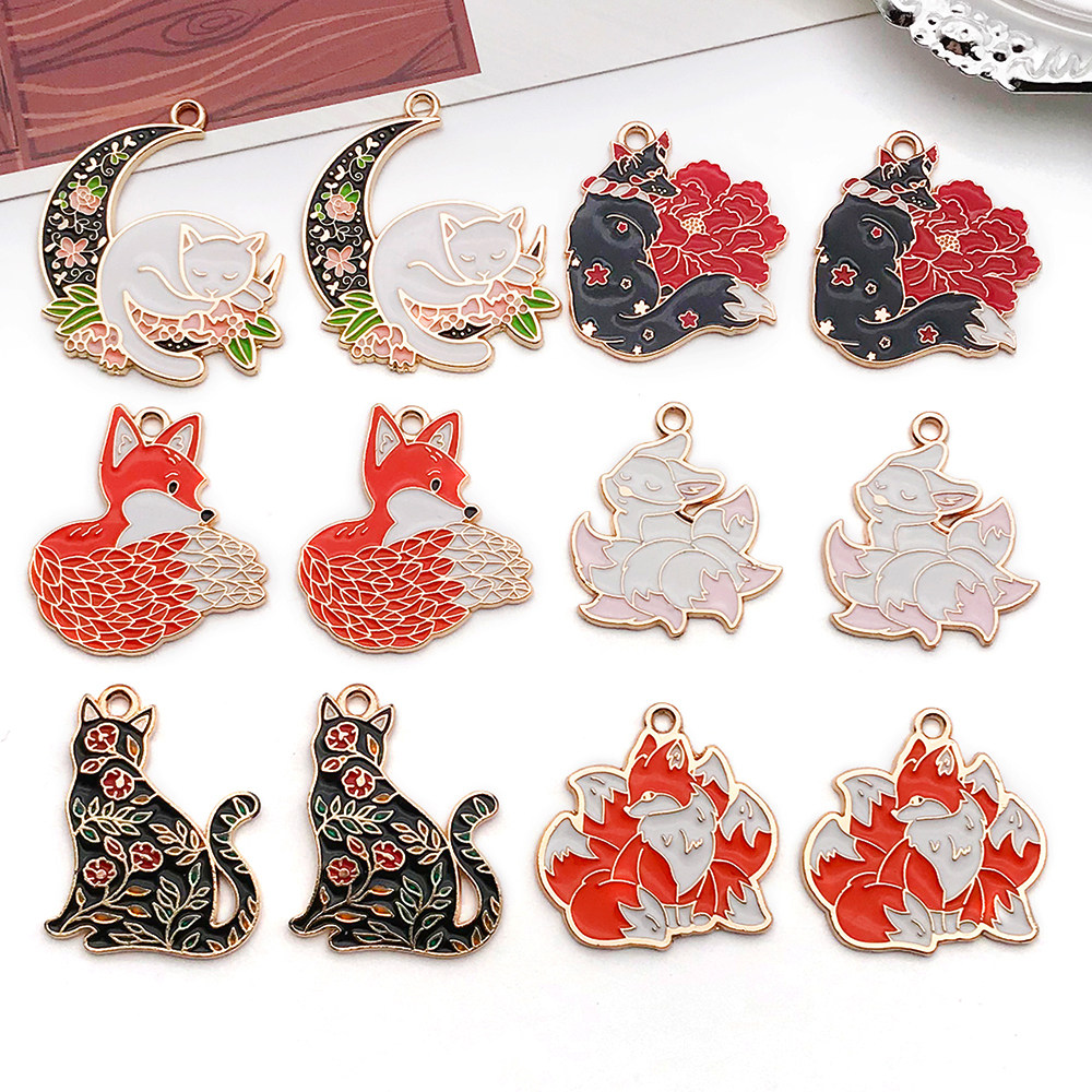 diy韩版玫瑰花黑白花朵猫咪卡通狐狸钥匙扣手链耳环饰品配件挂件