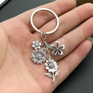 复古风太阳花玫瑰花朵钥匙扣挂件创意个性包包配饰汽车链圈环吊坠