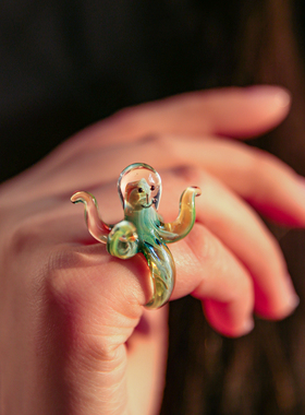 七隐 原创手工琉璃戒指 夸张氛围感章鱼海星戒指 小众女士戒指