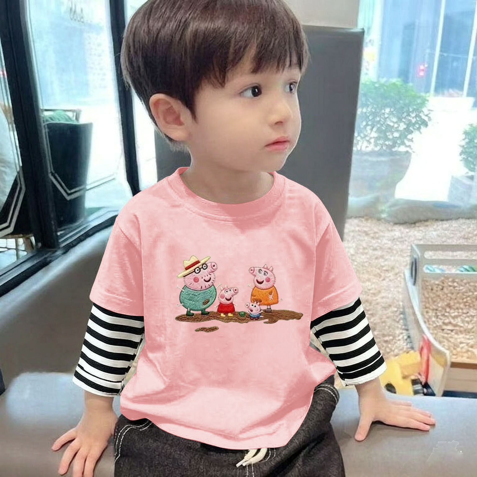 儿童卡通小猪条纹长袖T恤