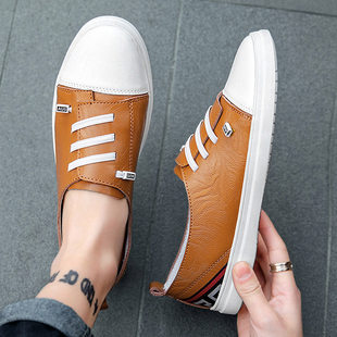 欧洲站精神小伙小白鞋男真皮平底板鞋2026春夏新款一脚蹬懒人潮鞋