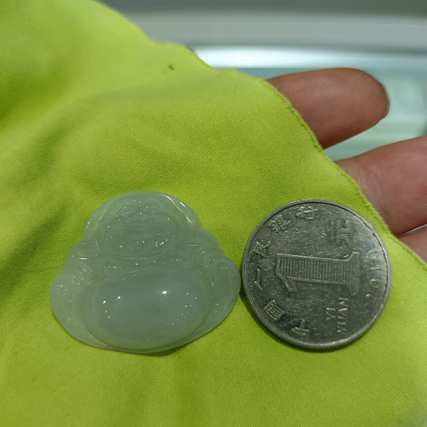 天然缅甸A货老坑冰种翡翠佛公名家雕刻精工佛公饱满笑佛坤圣珠宝