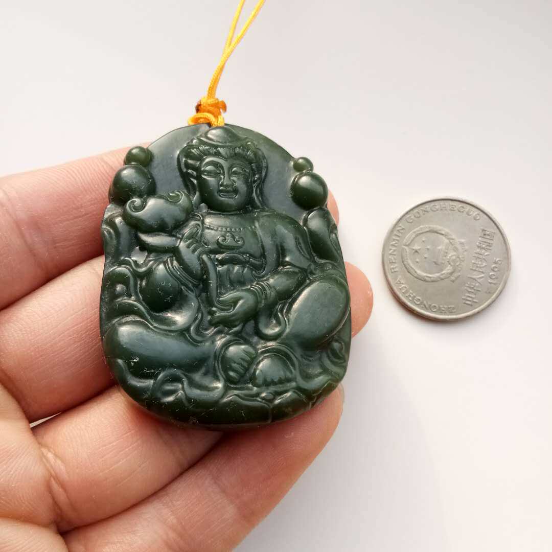 A货天然和田玉青玉观音玉吊坠本命年项链男款手工玉石挂件观音牌