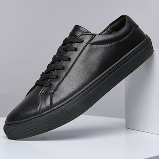 子潮休闲小黑鞋 黑色真皮百搭鞋 耐磨板鞋 欧洲站头层牛皮common男鞋