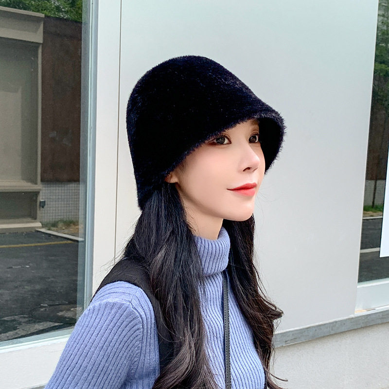 时尚纯色毛绒圆顶渔夫帽子女秋冬季百搭马海毛保暖水桶盆帽韩版潮