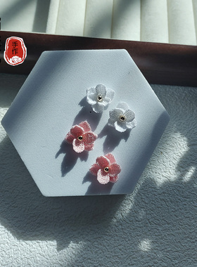 S925银针手工微钩百合花耳钉女 国风甜美钩织材料包出游田园耳饰