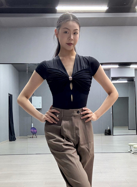 ZS新款拉丁舞服短袖连体服 练功V领上衣国标女生跳舞衣 Y413