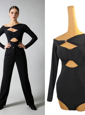 ZS设计感露肩 拉丁舞连体成人女长袖摩登舞国标舞蹈练功上衣 Y388