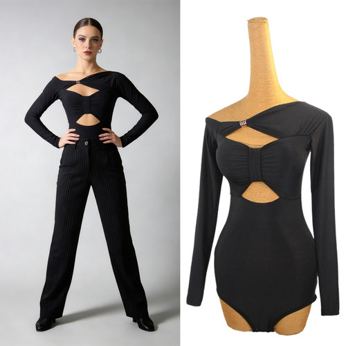 ZS设计感露肩 拉丁舞连体成人女长袖摩登舞国标舞蹈练功上衣 Y388