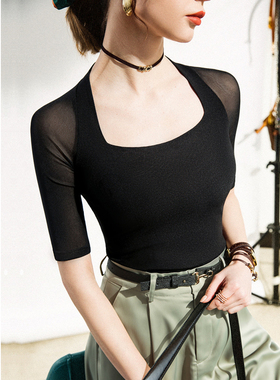 拉丁舞服网纱中短袖国标舞摩登舞女成人练习新款舒适舞蹈服 Y203