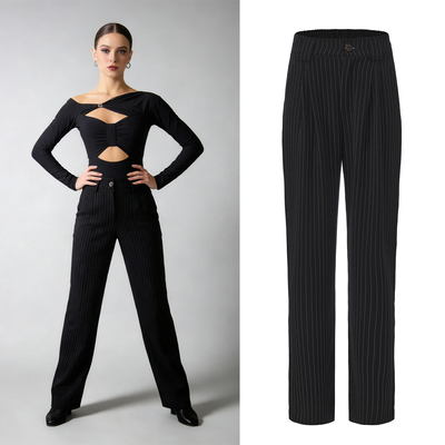 拉丁舞后腰松紧成人女条纹长裤