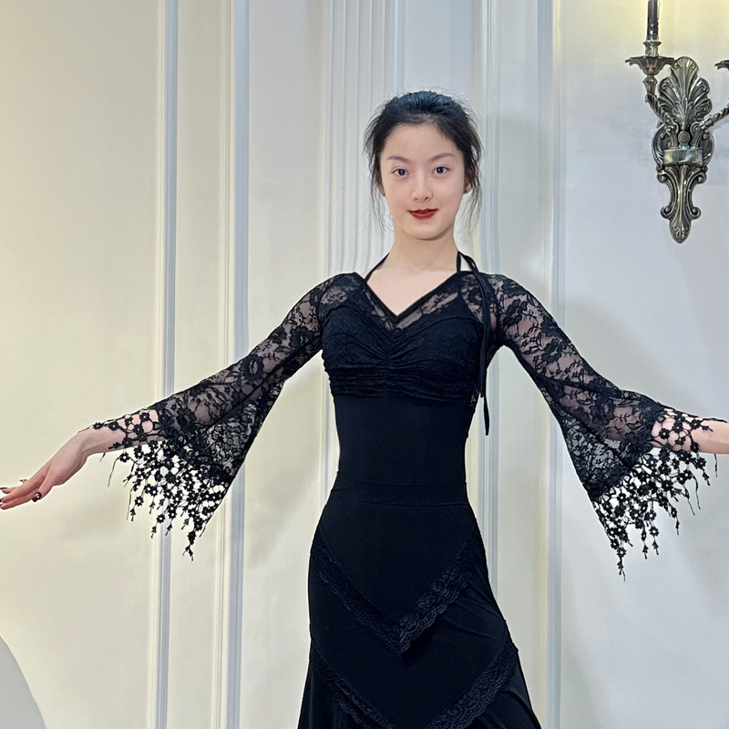ZS摩登舞国标舞蹈服跳舞蕾丝阔袖连体服 女上衣挂脖练功服 Y257