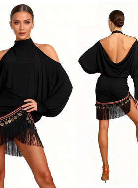 ZS荡领美背 拉丁舞性感修身蝙蝠女长袖练舞上衣摩登舞练功服 Y419