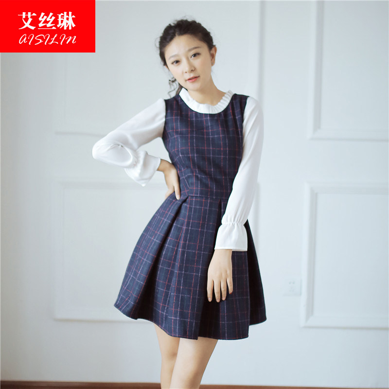 艾丝琳韩版2020春夏打底裙新款女拼接格子学院风假两件长袖连衣裙