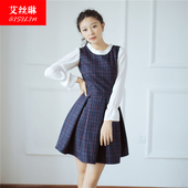 女拼接格子学院风假两件长袖 艾丝琳韩版 2020春夏打底裙新款 连衣裙