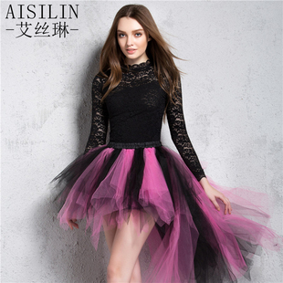 网纱优雅高腰飘逸女不规则网纱裙蓬蓬百褶裙燕尾长时尚气质半身