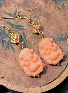 VV0425 橘红色雕刻美人鱼耳坠23/16mm女饰品耳饰