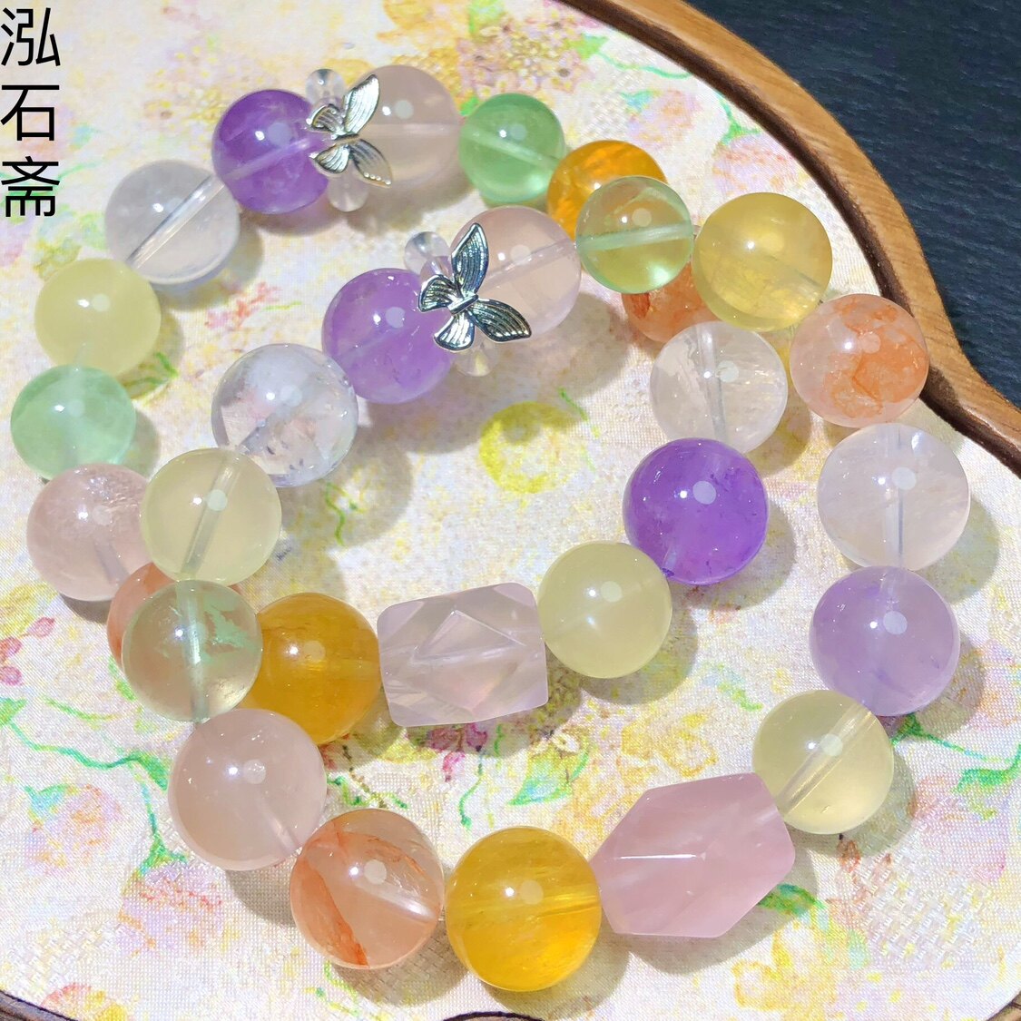 XX0411 天然水晶多宝手链串13-14mm原创胶花白紫粉糖块水晶单圈