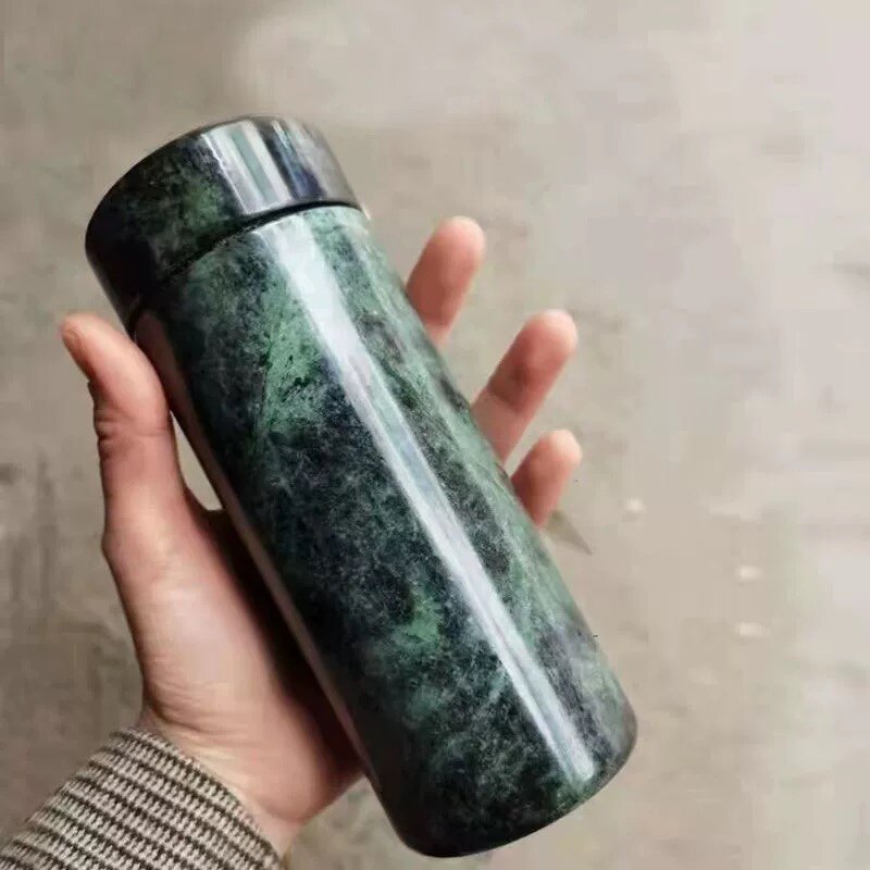 天然药王石水杯蛇纹玉石墨绿色家用保温玉石茶杯功夫茶壶旅行杯