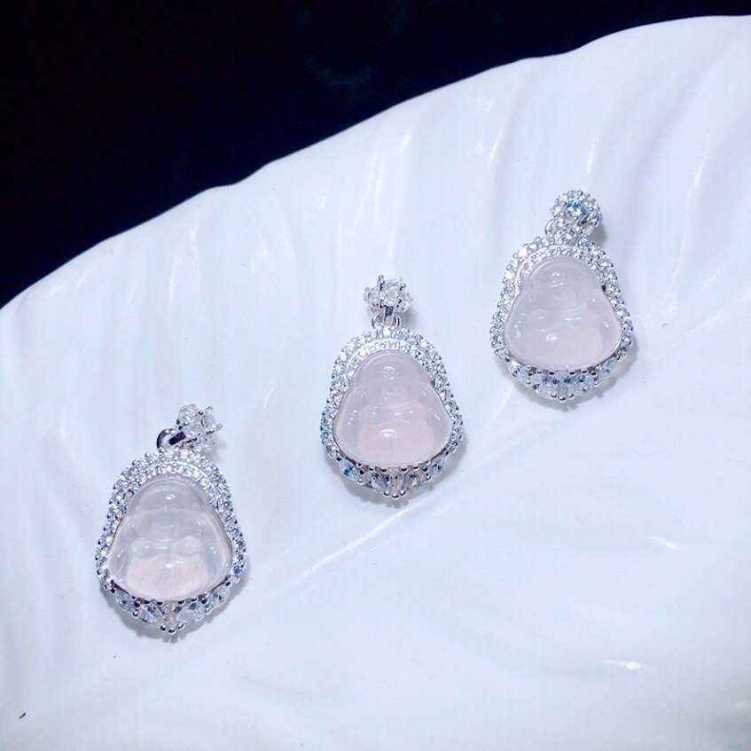 V930 天然粉晶佛公吊坠芙蓉石25/15mms925银桃花粉色挂坠礼物情侣