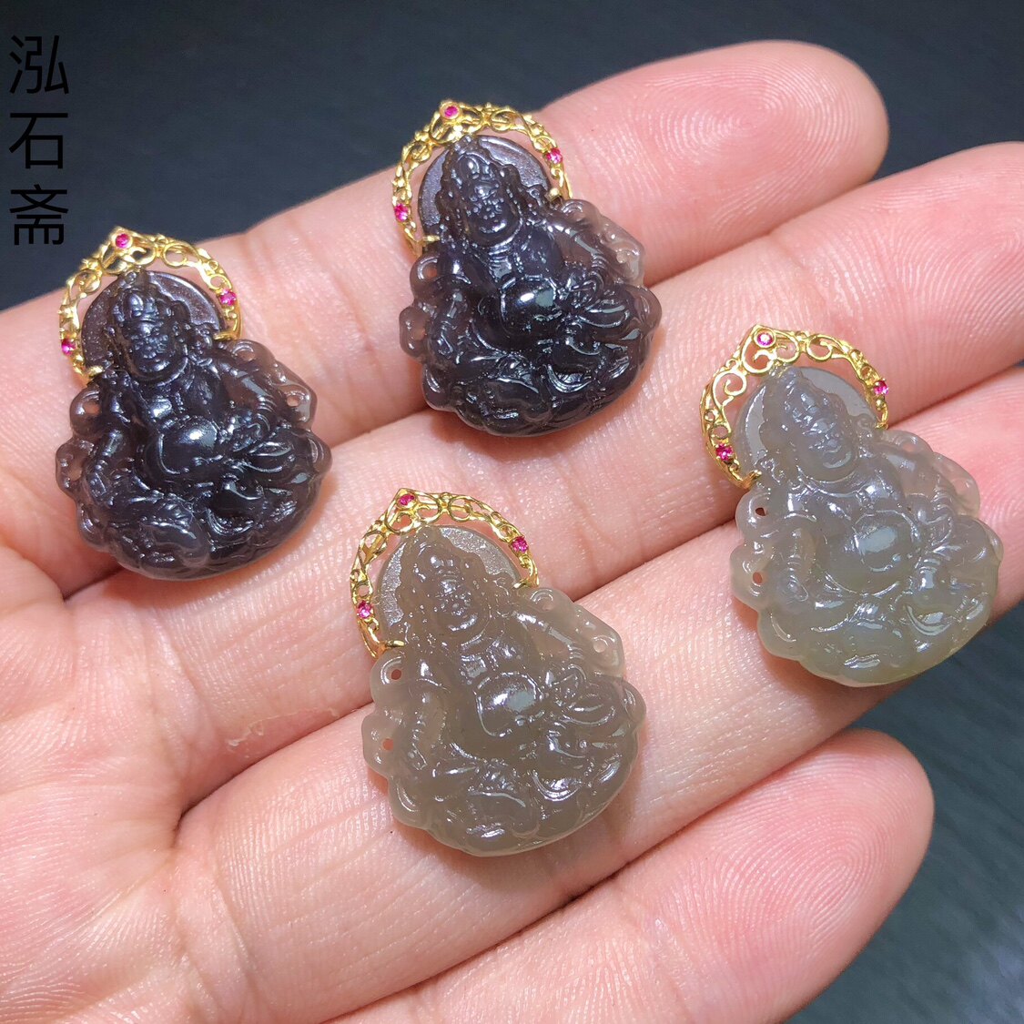 天然和田玉烟紫黄财神吊坠18金27/20mm帝王紫冰美人男女青海料