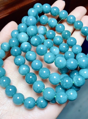 R845 天然A货翡翠手链蓝水翡翠糯种飘花玉石手串单圈9/10mm蓝色串