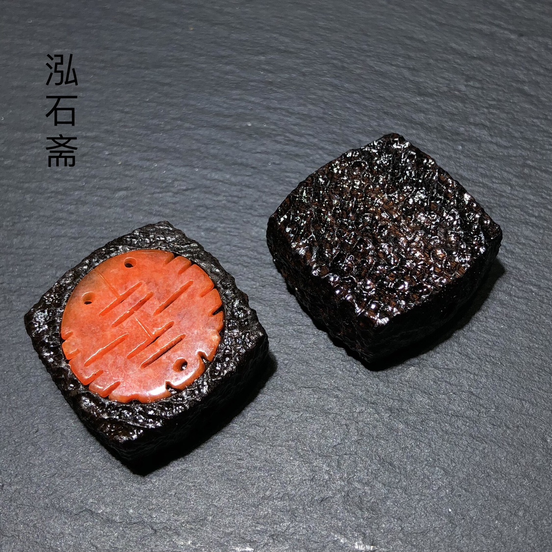 OO0009 天然A货翡翠红翡双喜通孔配件27mm方牌镂空雕刻手链diy