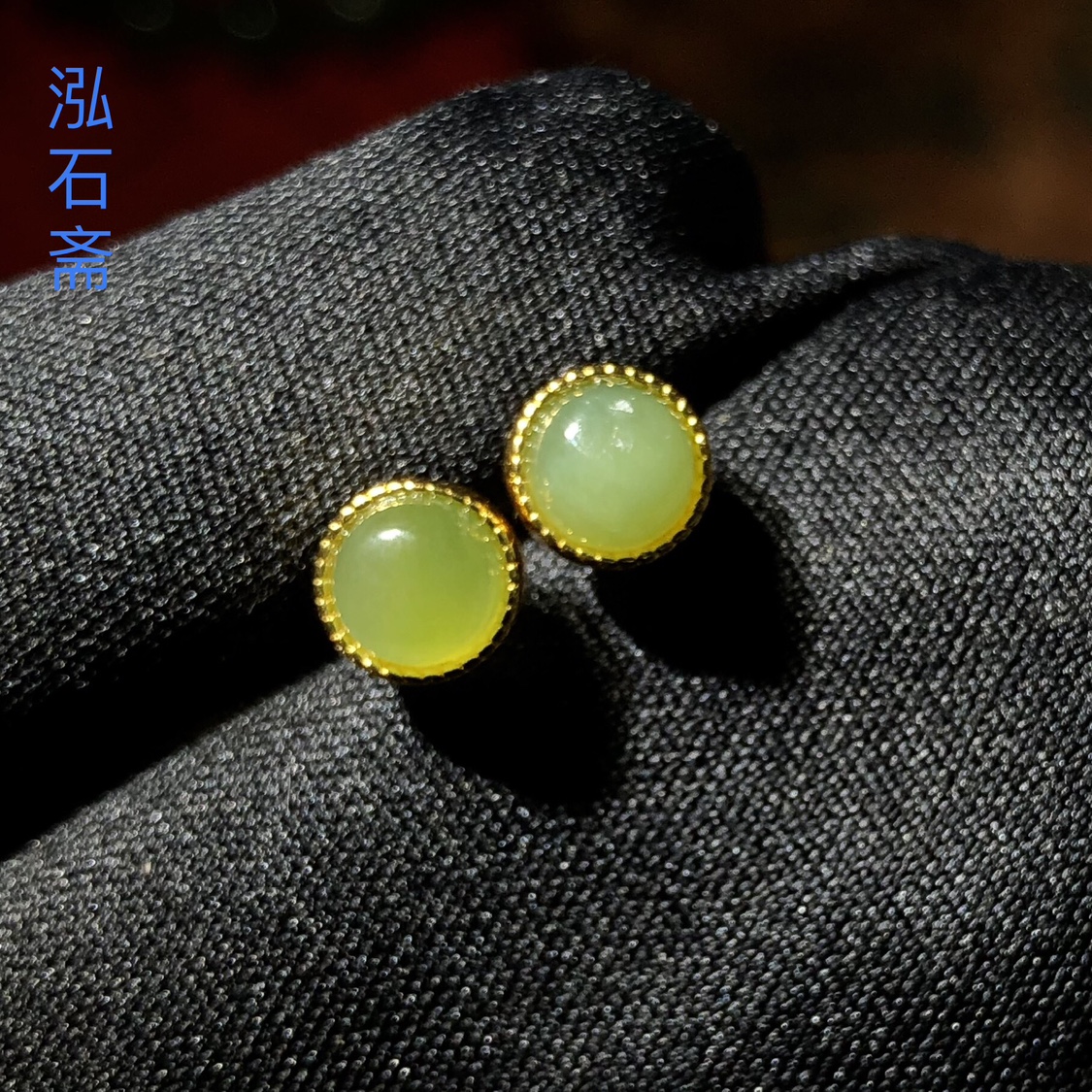 OO0448 天然和田玉碧玉耳钉圆款6mm辣绿苹果绿耳饰礼物女简约精致