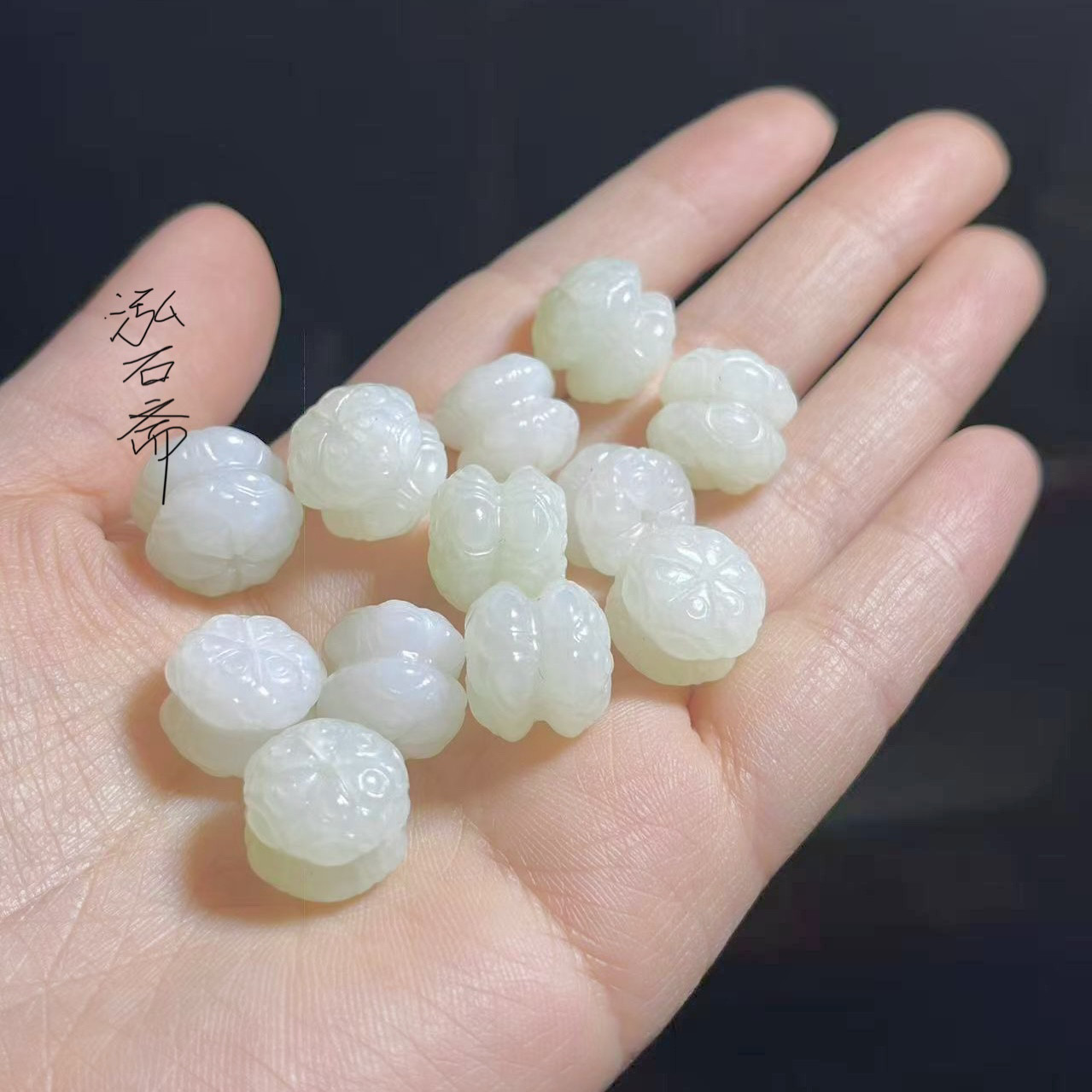 俄料天然和田玉并蒂莲花配件羊脂白玉散珠手项链配件桶珠diy文艺
