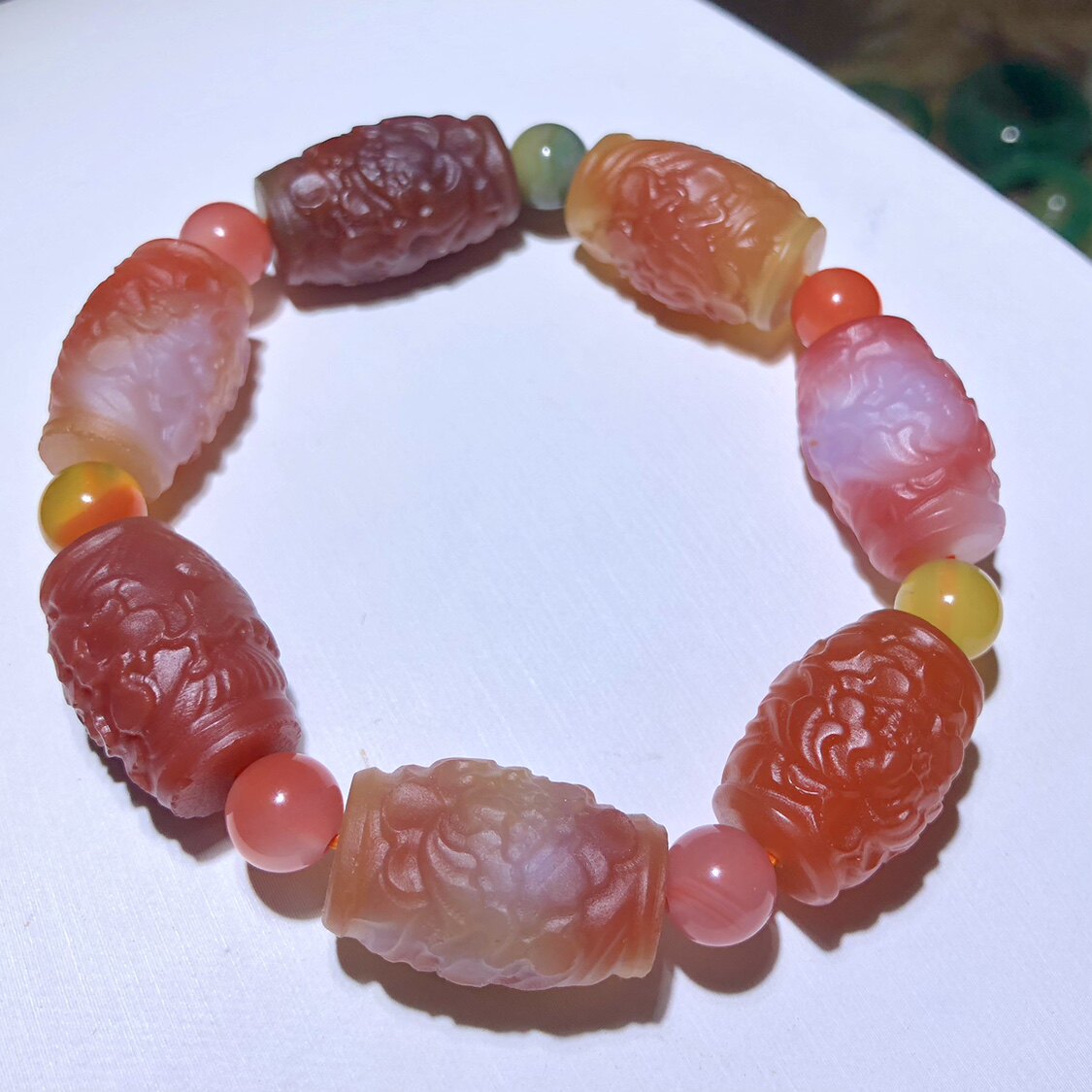 KK0756 天然盐源玛瑙手链雕刻桶珠凤穿牡丹手串单圈15/21mm非红