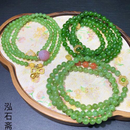 1A583 天然和田玉碧玉手链串一物一图苹果绿乌兰海辣绿多圈佛珠串