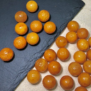 RR0029 天然蜜蜡单珠吊坠雕刻六字真言散珠diy手链耳坠配件14mm