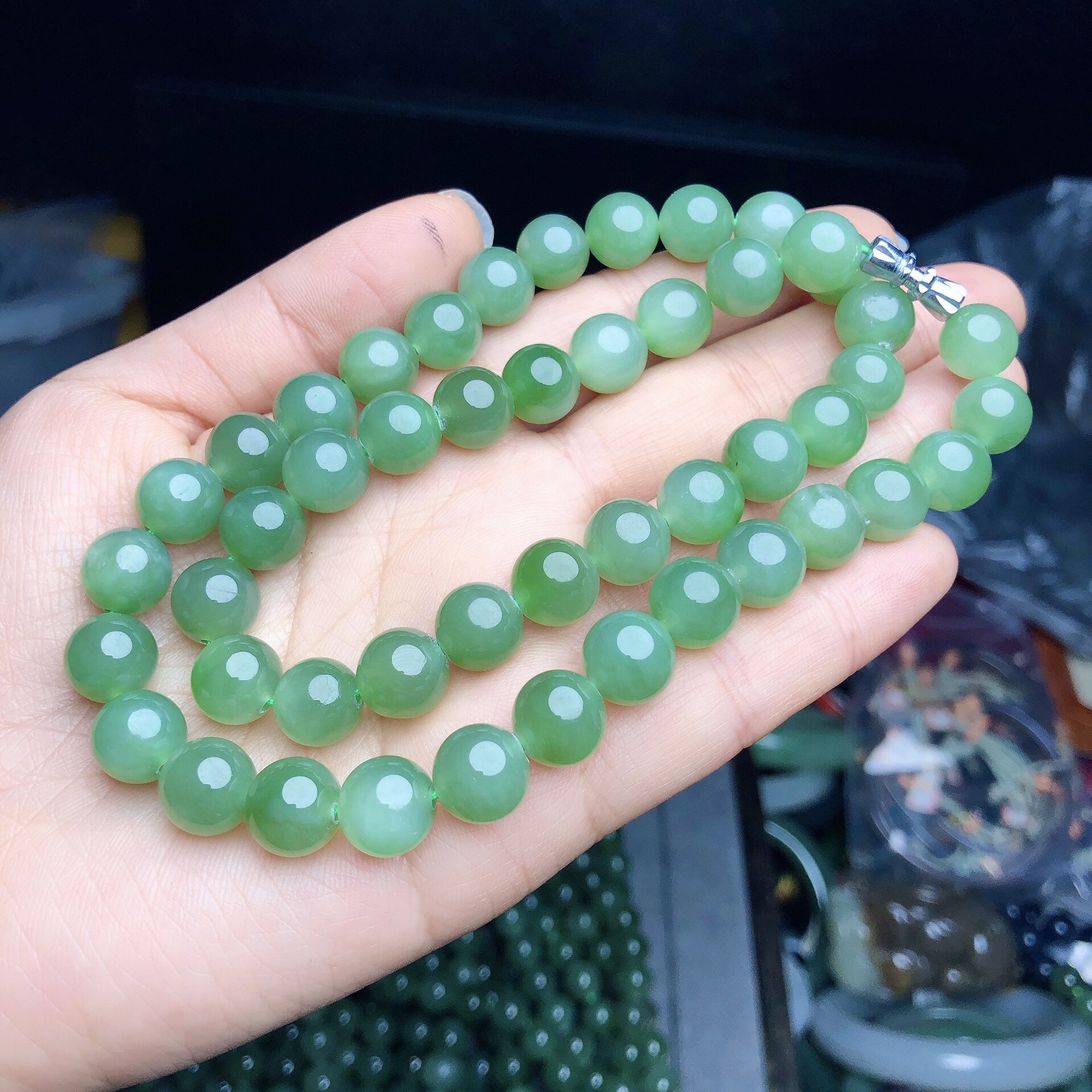 天然和田玉碧玉项链猫眼粉青碧玉