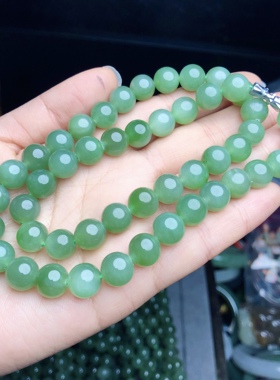 E833 天然和田玉碧玉项链猫眼粉青碧玉9-10mm高货女妈妈链