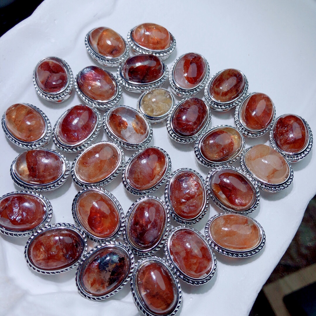 I909 天然红胶花通孔配件凤羽水晶18/13mm椭圆镶嵌手链手串配饰