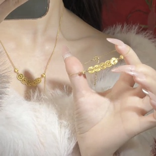 足银999五帝钱项链碎银子纯银碎碎冰中式铜币钱多多锁骨链礼物