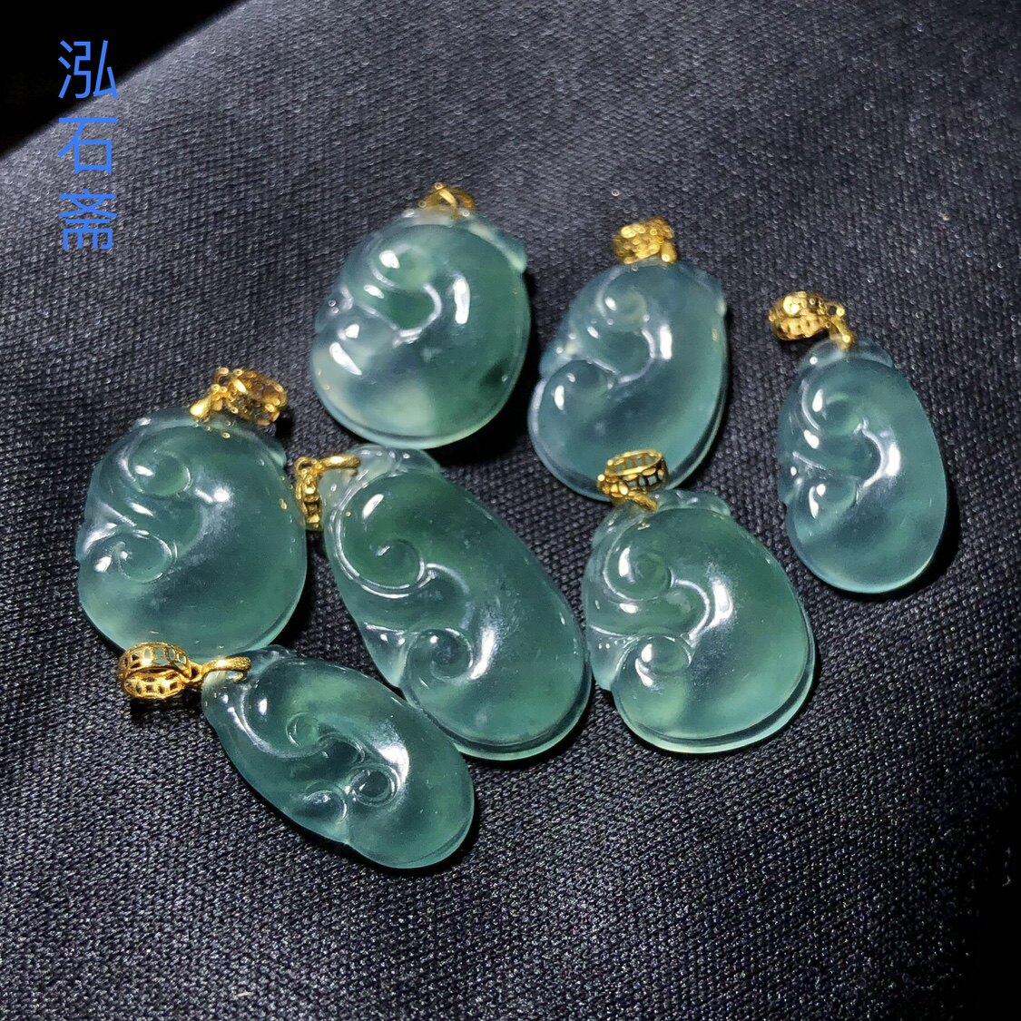 1A341 天然A货翡翠蓝水胖如意吊坠18k金冰透女挂件高v蓝12-22mm