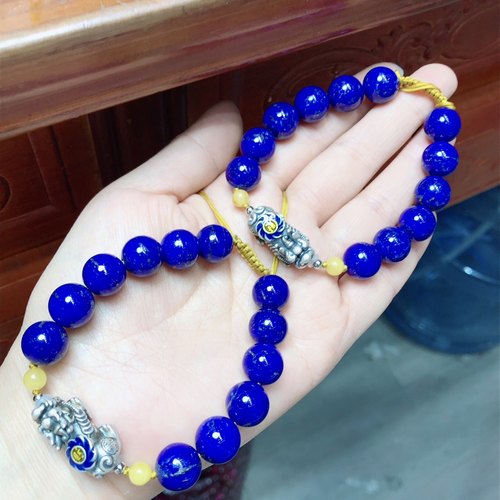 R862 天然青金石手链原创复古纯银貔貅手串11mm民族风手串礼物